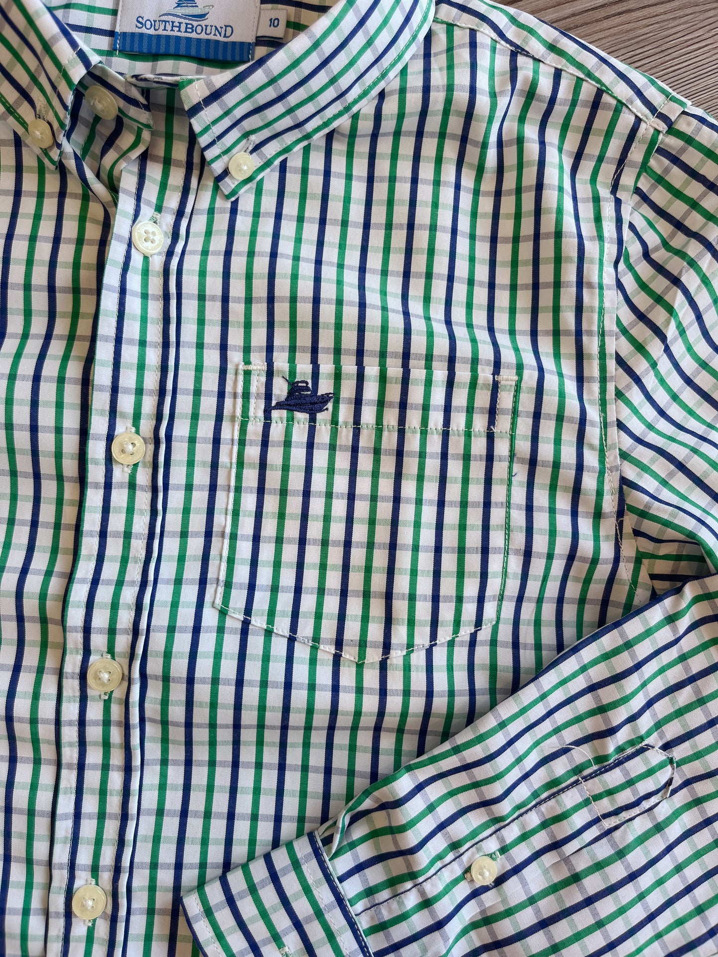 GREEN AND NAVY PLAID DRESS SHIRT