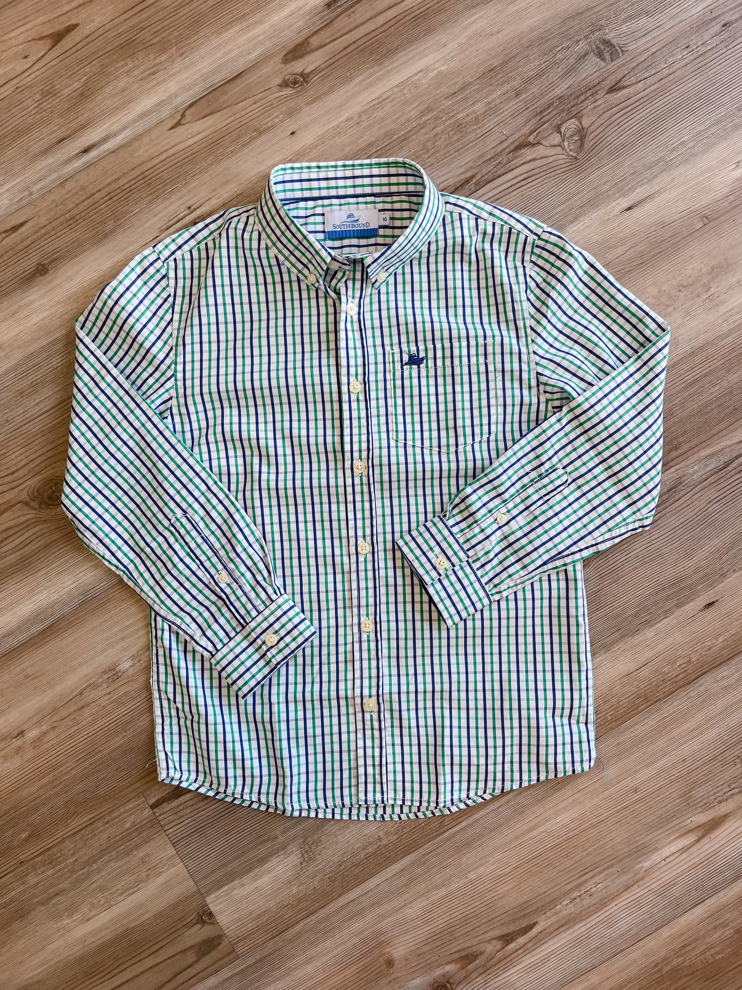 GREEN AND NAVY PLAID DRESS SHIRT