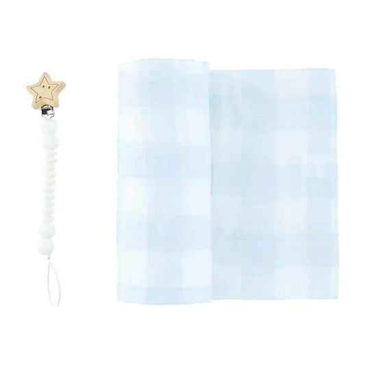 BLUE GINGHAM SWADDLE AND PACY CLIP