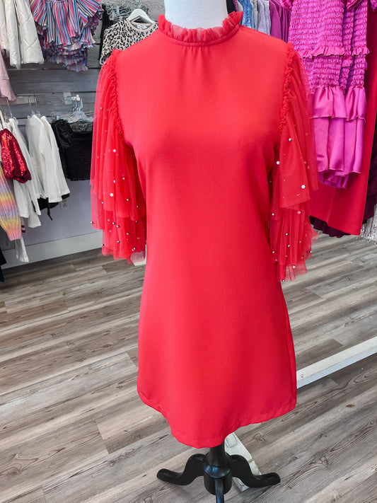 RED PEARL SLEEVE DRESS