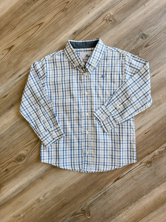 BLUE AND GREY PLAID DRESS SHIRT