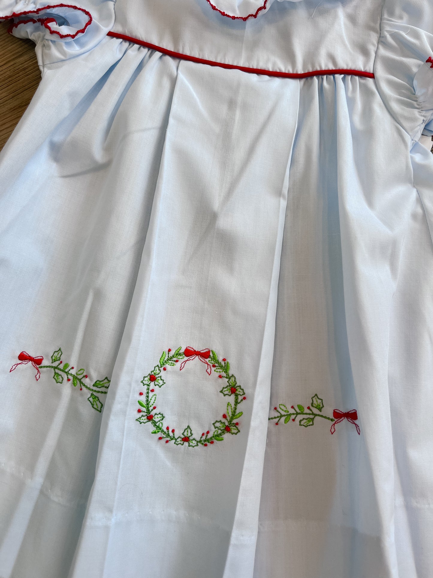 EMBROIDERED WREATH ON BLUE FLOAT DRESS